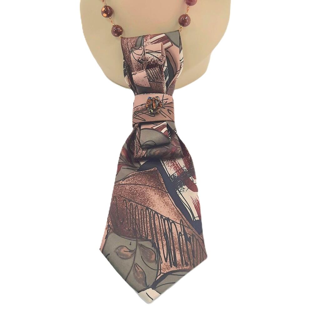 Handmade Vintage Silk Tie Necklace Lucite Beaded Boho Chic Pendant Jewel Accent